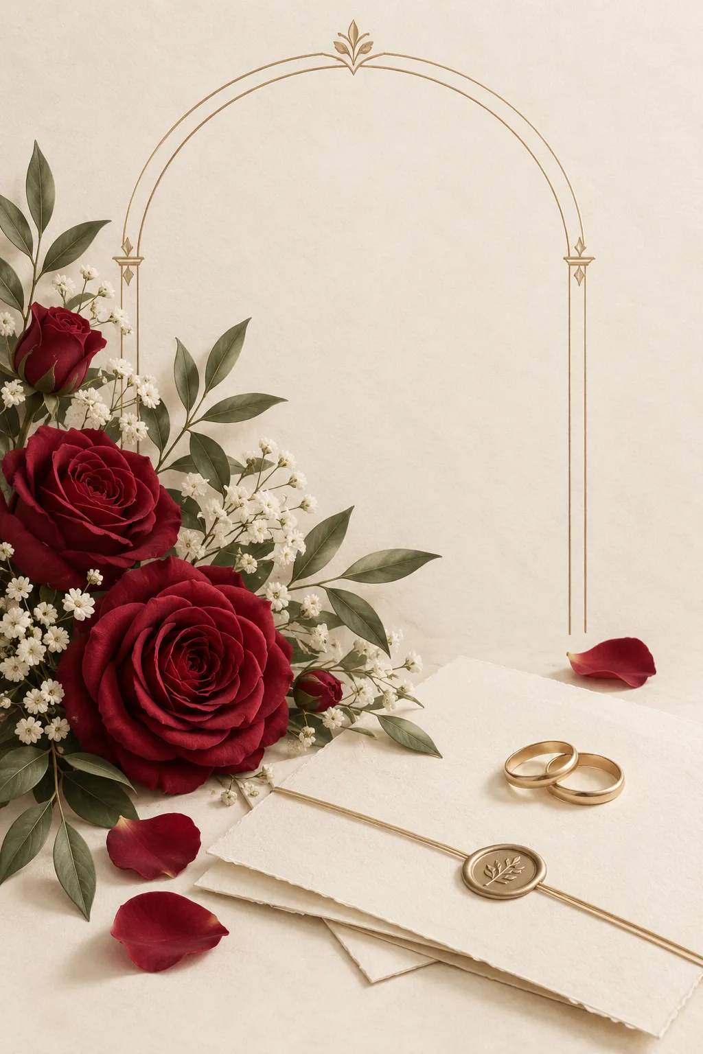 Ilustración de flores, anillos y papelería de boda.