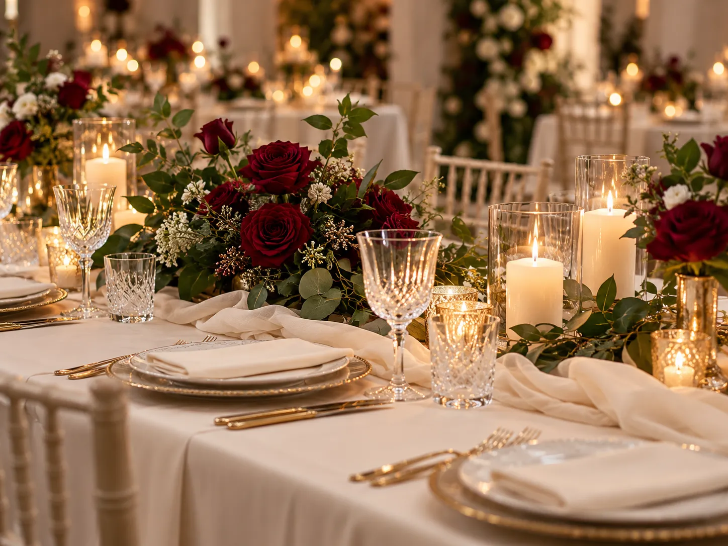 Mesa de celebración vacía con flores y velas.